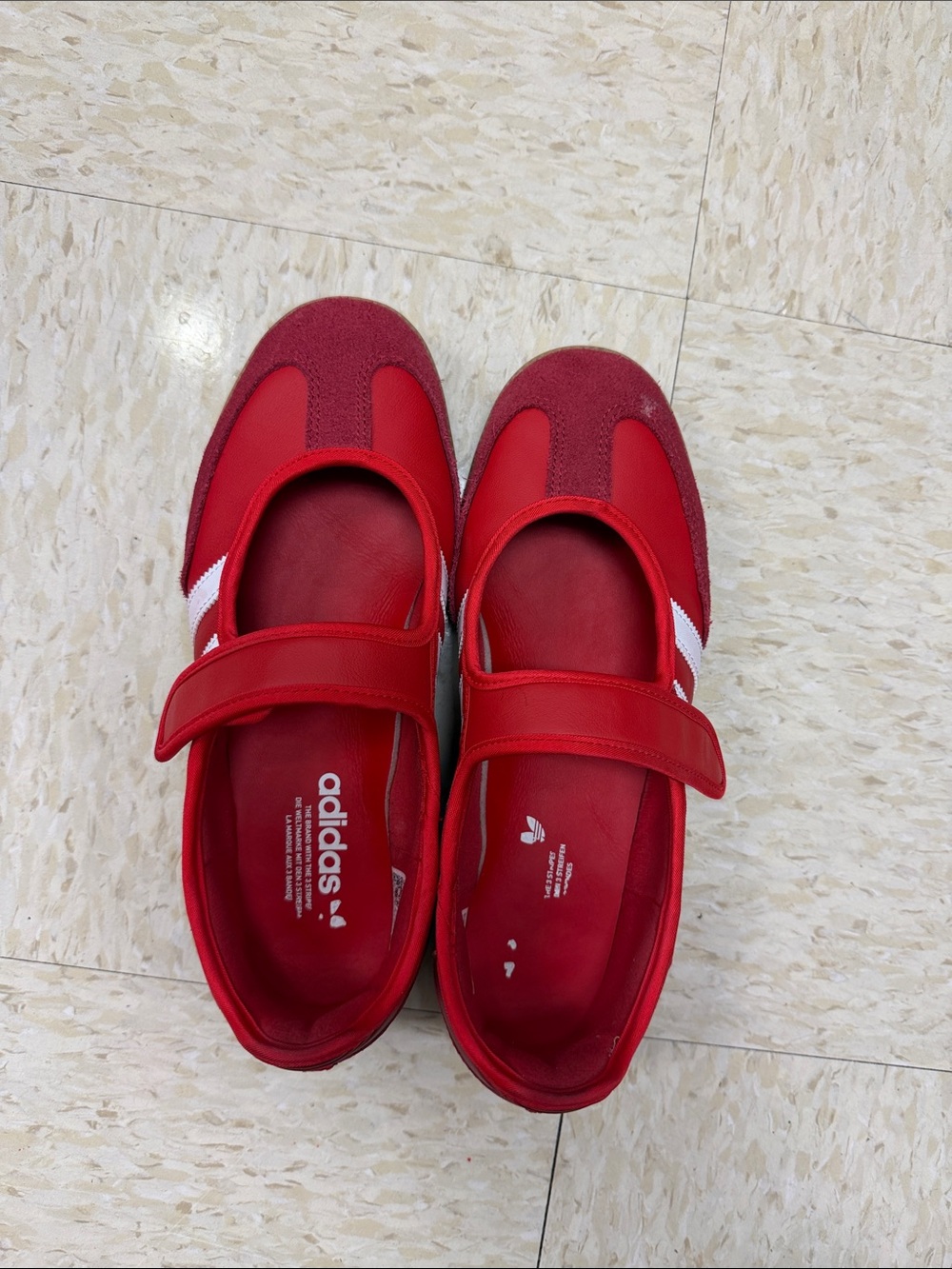 adidas Red Mary Jane-Style Sneakers with White Stripes